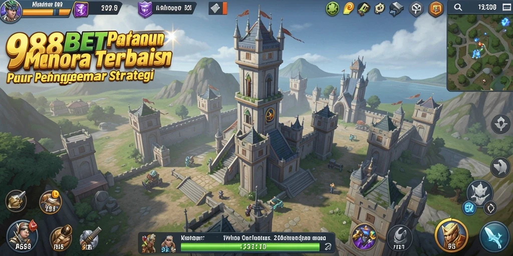 Screenshot gameplay 988BET menunjukkan menara dan gelombang musuh yang intens.