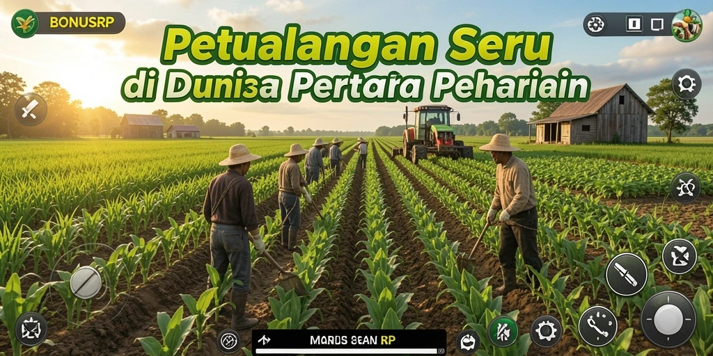 Tangkapan layar permainan BONUSRP yang menampilkan aktivitas bertani yang menyenangkan.
