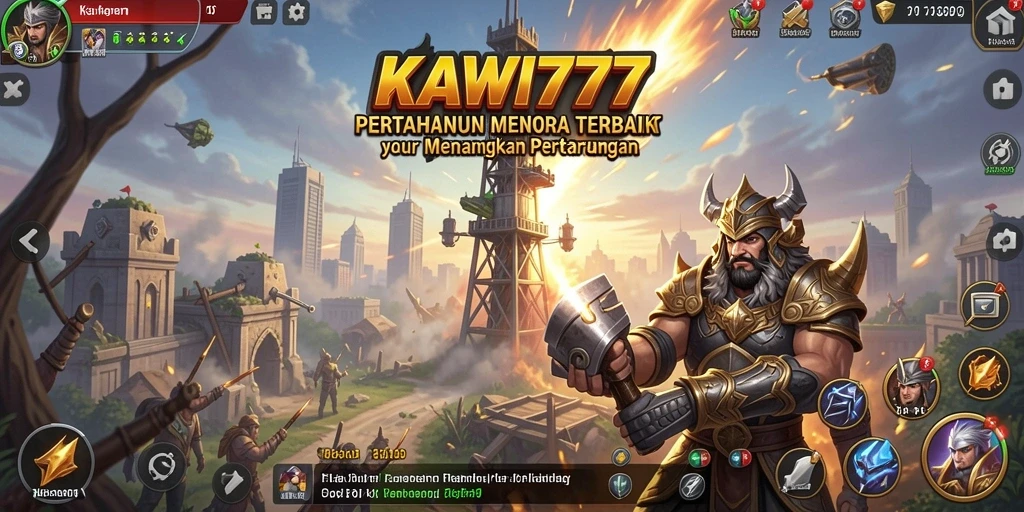 Tampilan gameplay menegangkan di KAWI777 menampilkan menara pertahanan yang strategis.