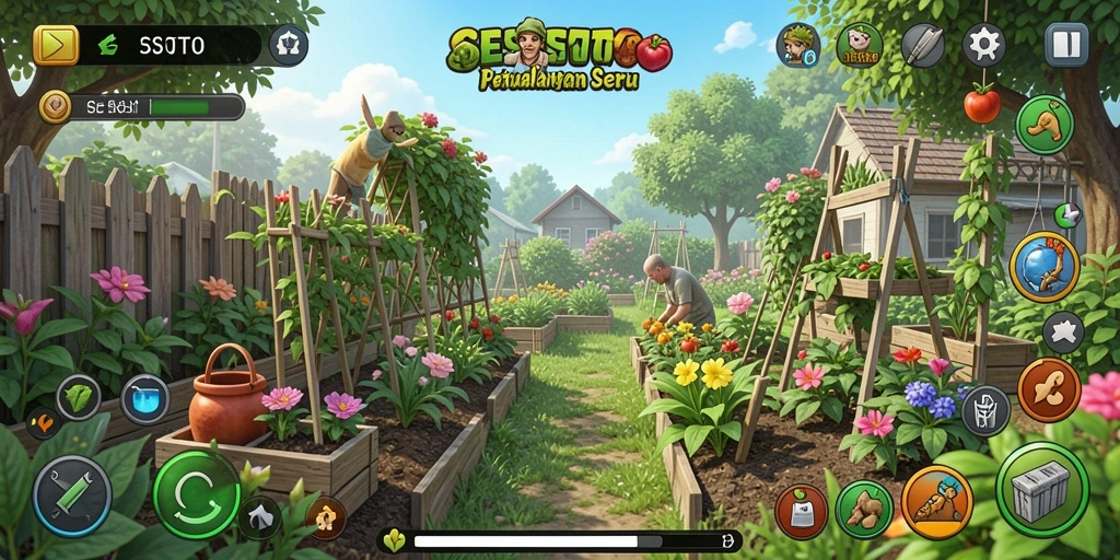 Screenshot gameplay SESETOTO menampilkan kebun yang berwarna-warni dan aktif.